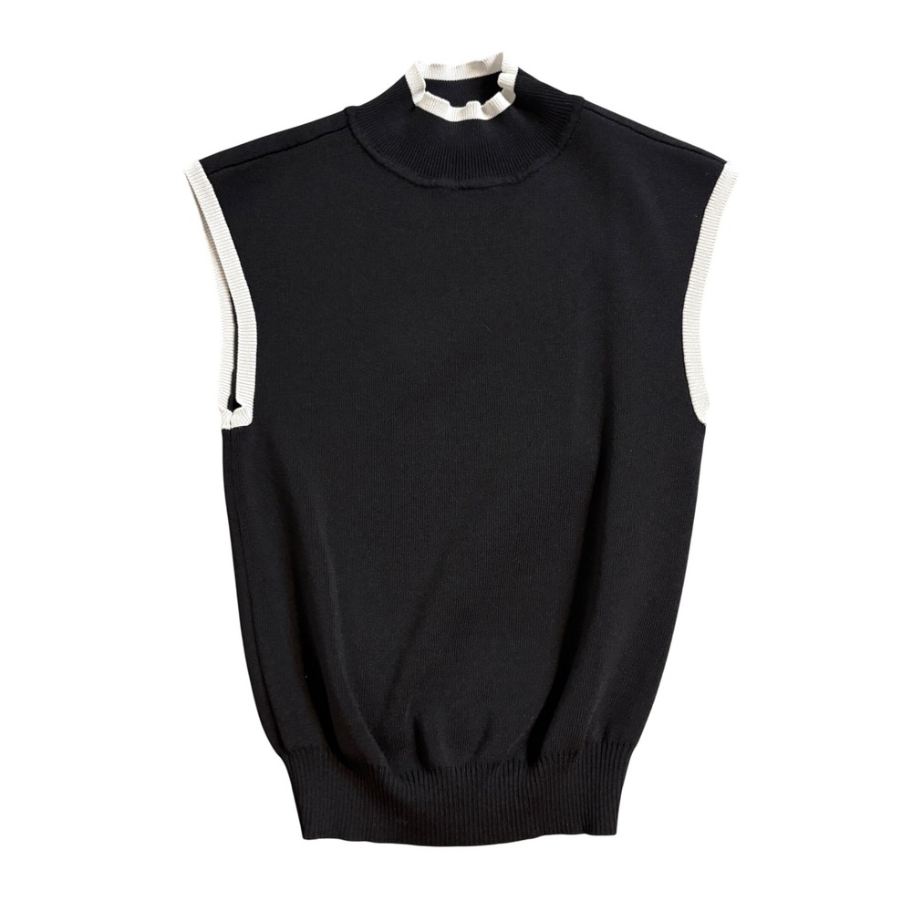 Meshki Womens Black Ribbed Mock Neck Sleeveless Knit Top Contrast Trim XS